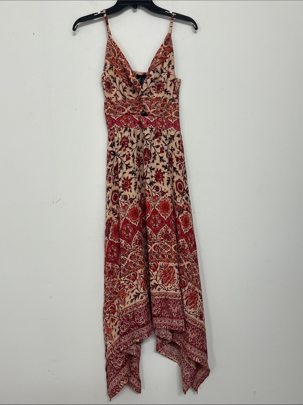 🌞 Angie Bohemian Peach & Burgundy Floral Print spagetti strin maxi dress women S - Picture 14 of 16